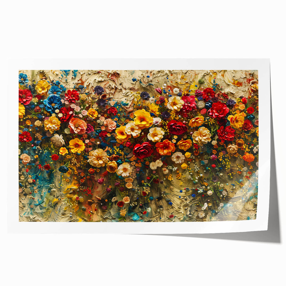 Vibrant rolled print showcasing a colorful wildflower design, perfect for home decor, packaged securely in a protective cardboard tube for easy transport.