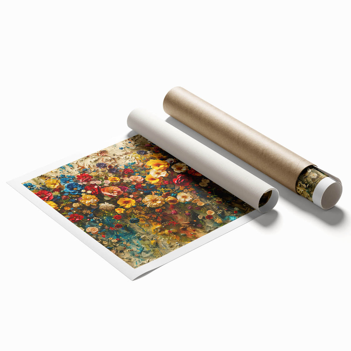 Vibrant wildflower wall art print showcasing a colorful floral design on a rolled canvas, ideal for home decor, enhancing interior spaces with nature's beauty.