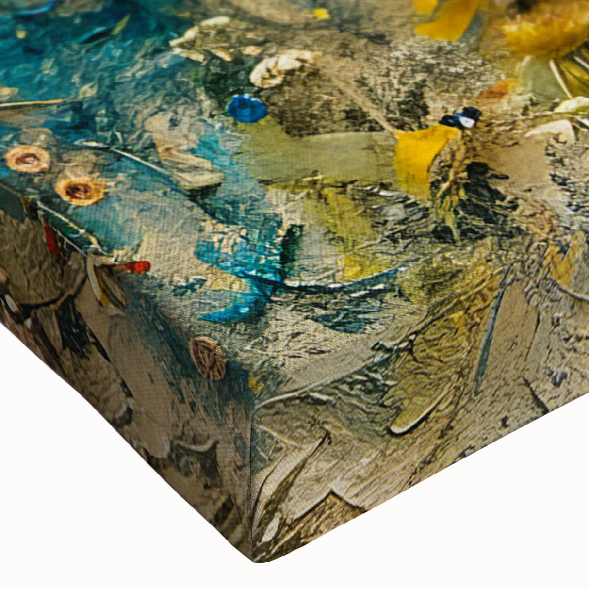 Close-up of a vibrant stretched canvas featuring a collection of wildflower designs, showcasing rich colors and intricate details, perfect for home decor.