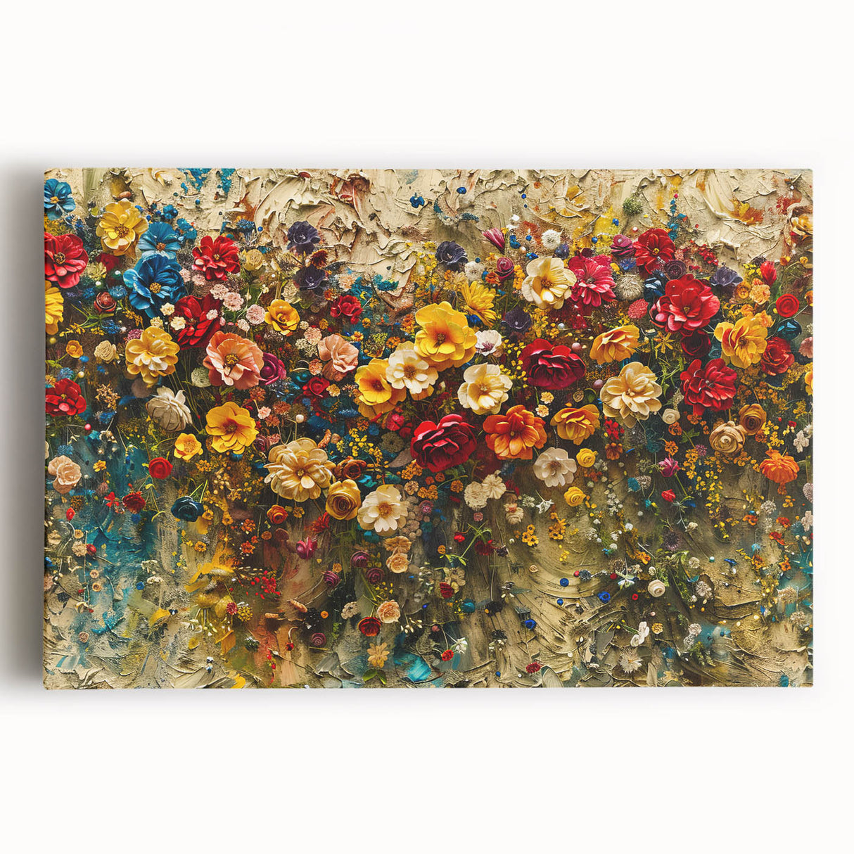 Stretched canvas wall art showcasing a vibrant wildflower design, featuring colorful blossoms and lush greenery, perfect for brightening home decor.