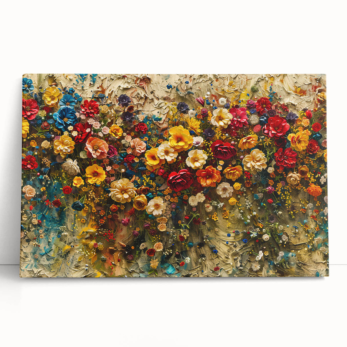 Vibrant stretched canvas wall art showcasing a wildflower design in bright colors, elegantly leaning against a neutral wall, perfect for home decor inspiration.