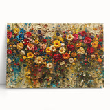 Vibrant stretched canvas wall art showcasing a wildflower design in bright colors, elegantly leaning against a neutral wall, perfect for home decor inspiration.