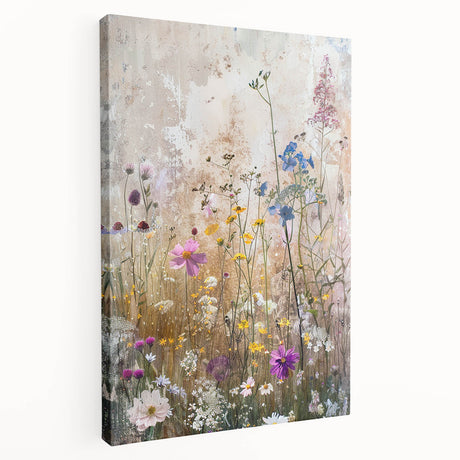 Stretched canvas wall art collection showcasing vibrant wildflower designs, emphasizing colorful floral patterns and textures ideal for home decor.
