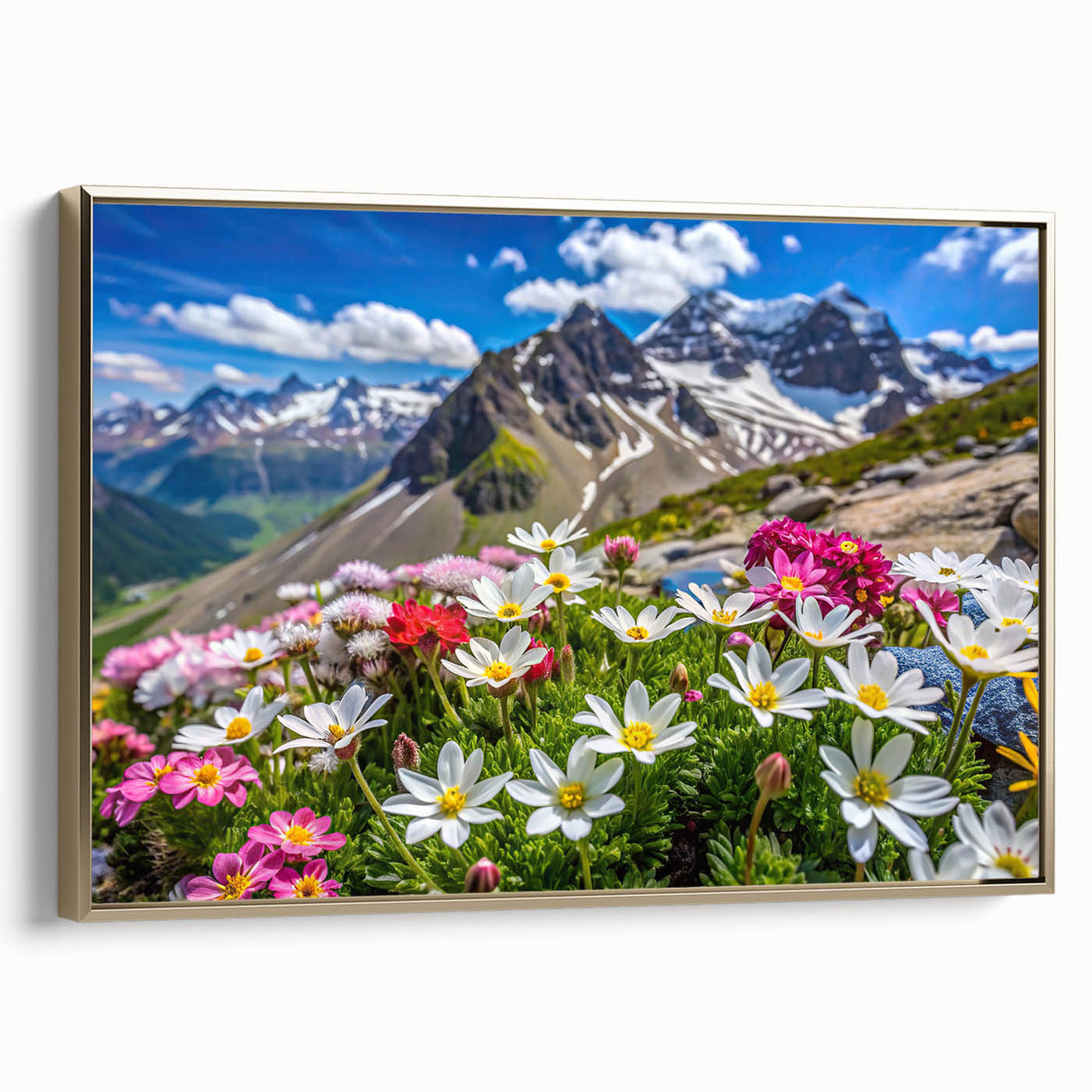 Framed canvas wall art featuring a vibrant wildflower design in gold tones, showcasing a side view of the artwork with elegant framing, perfect for home decor.