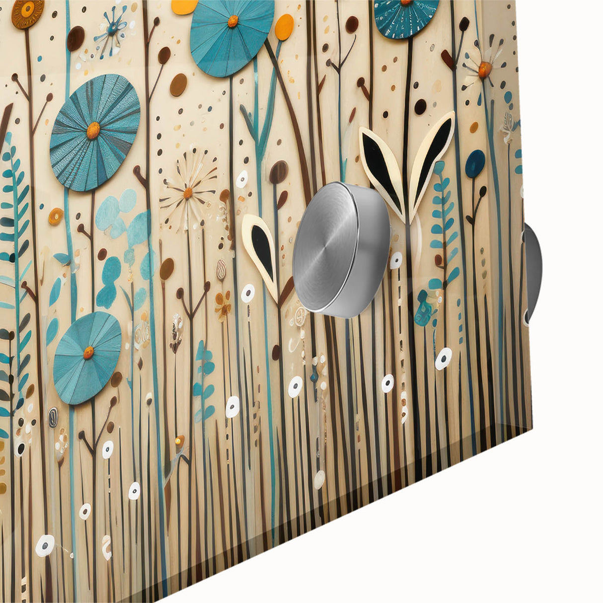 Close-up of vibrant wildflower wall art design on acrylic glass, showcasing intricate details and colors, ideal for enhancing modern home decor.