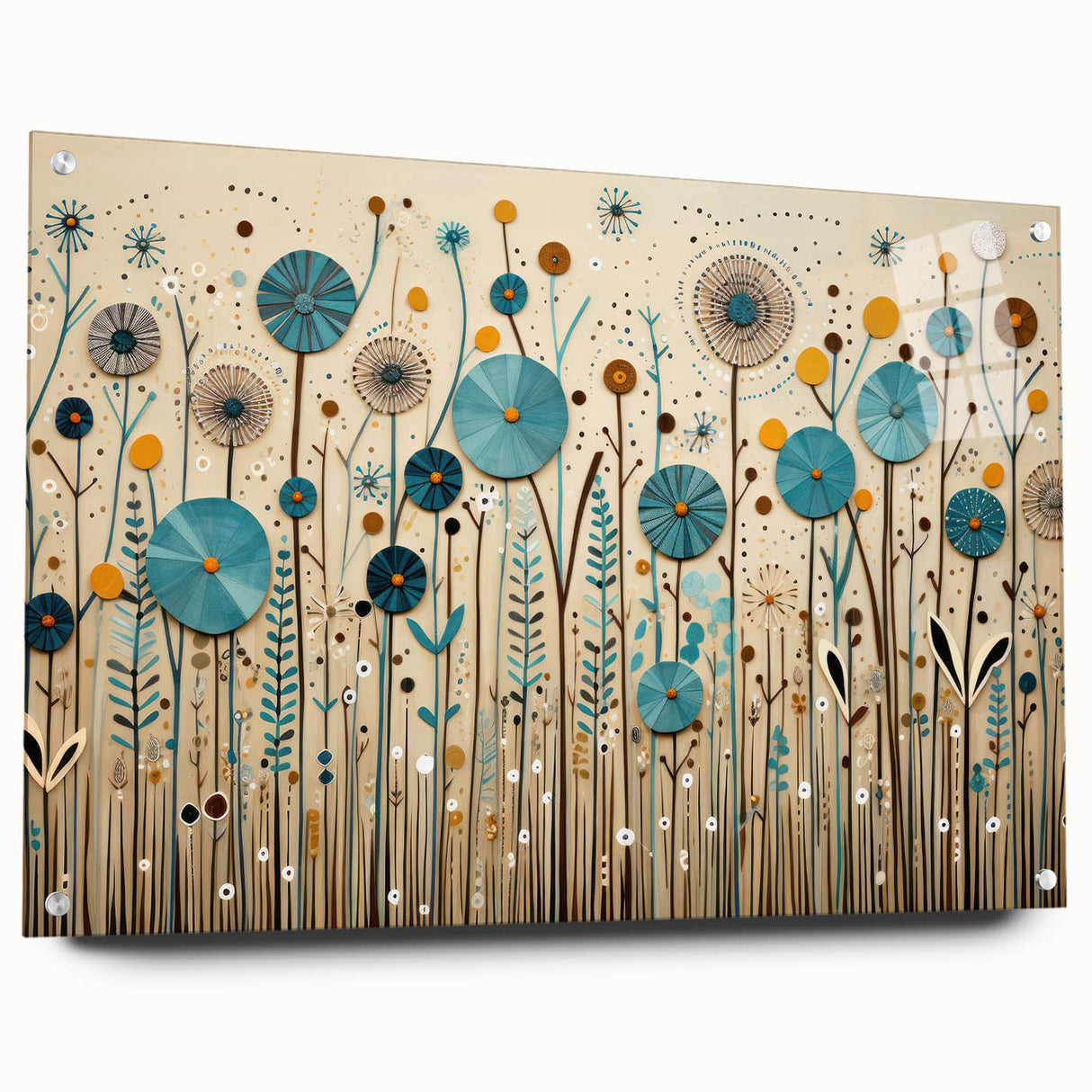 Acrylic glass wall art collection featuring vibrant wildflower designs in a side view, elegantly displayed with decorative pins for easy mounting.