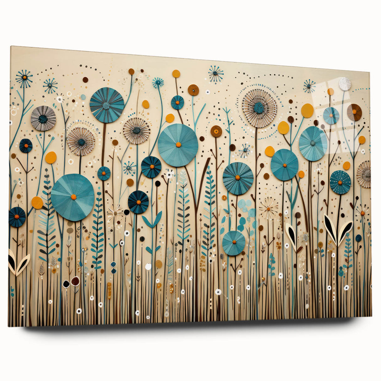 Side view of a vibrant wildflower wall art collection displayed under acrylic glass, showcasing intricate floral designs with bright colors, perfect for home decor.