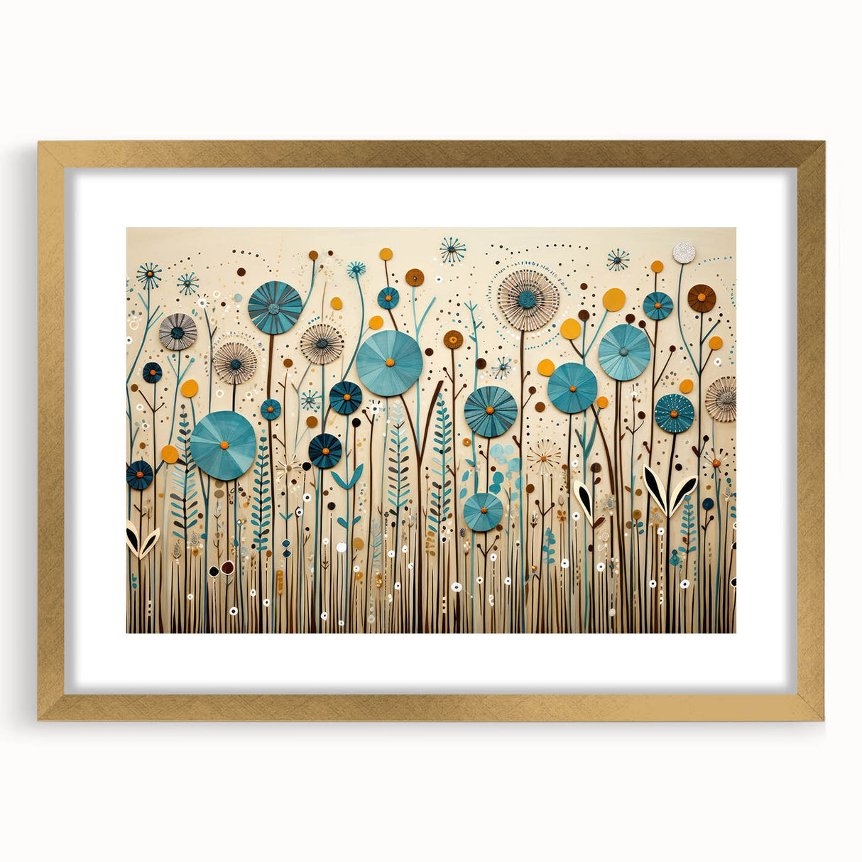 Gold-framed wall art featuring a vibrant wildflower design with a white mat, perfect for enhancing home decor and adding a touch of nature-inspired elegance.