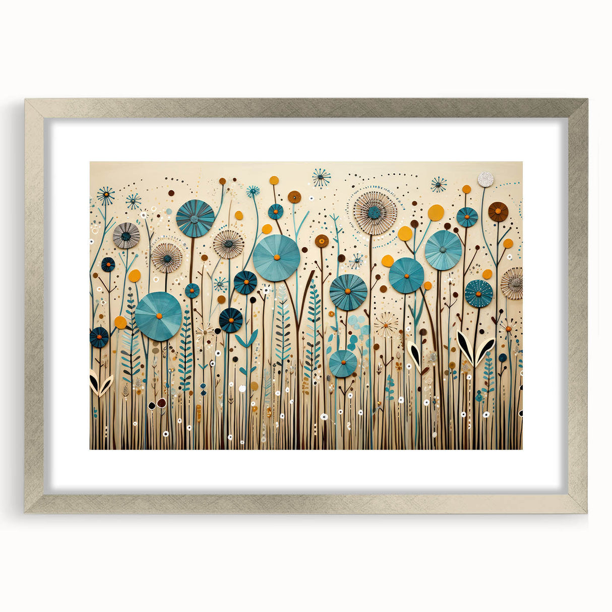 Framed wall art featuring a vibrant wildflower design in a silver frame with a matte finish, perfect for home decor and enhancing interior aesthetics.