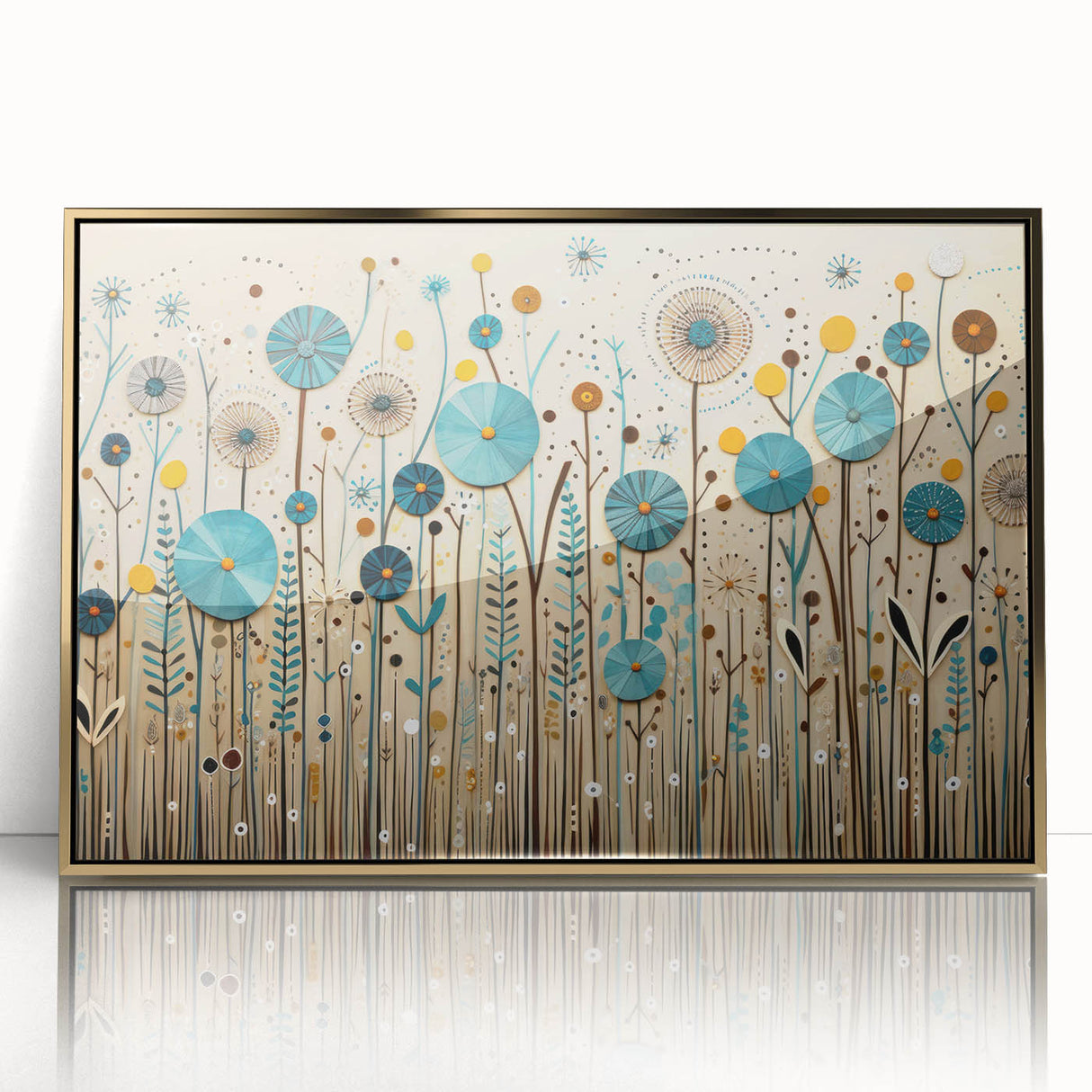 Framed wall art featuring a vibrant wildflower design in acrylic with a gold frame, showcasing colorful blossoms and modern decor appeal. Perfect for enhancing home interiors.