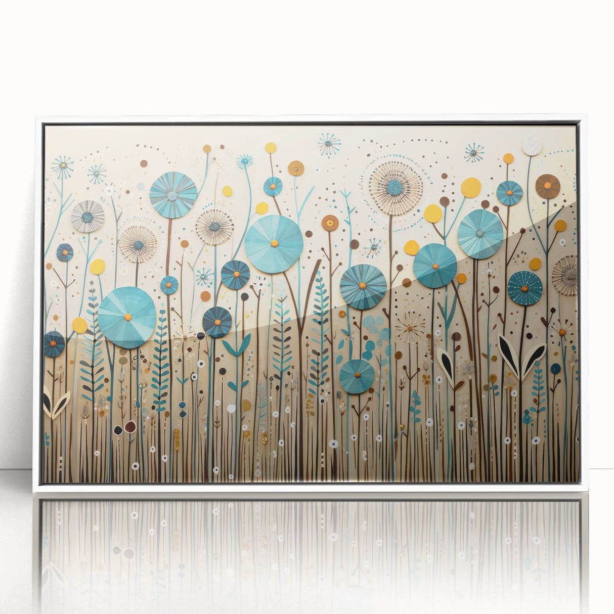 Framed wall art featuring a vibrant wildflower design, showcasing an acrylic front with a sleek white frame, perfect for modern home decor.