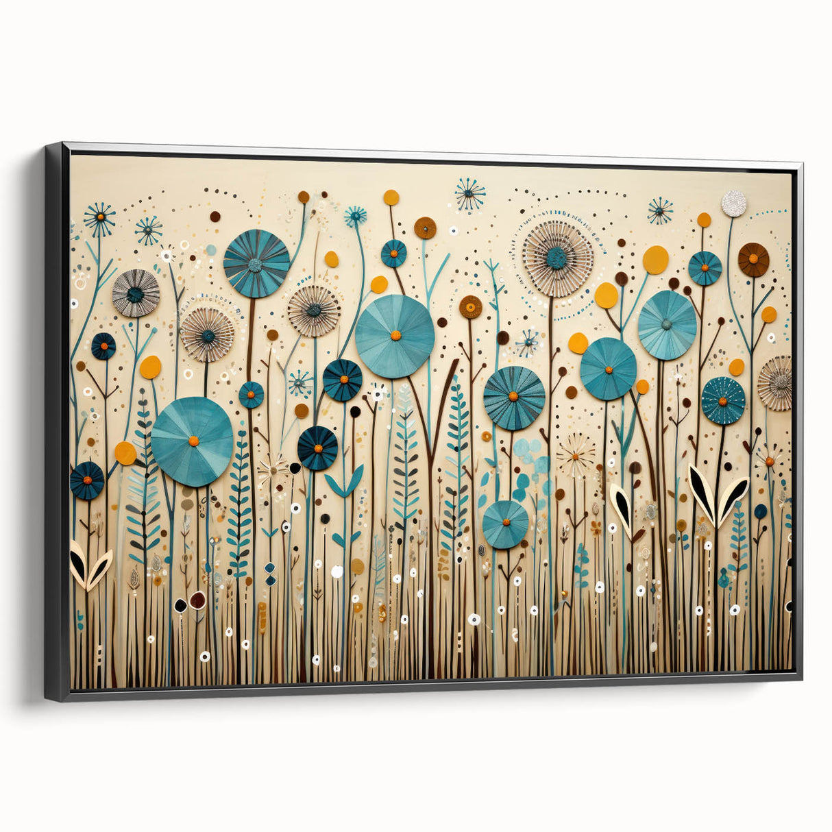Framed wall art showcasing a vibrant wildflower design on canvas, featuring a sleek black frame, perfect for enhancing modern home decor with a touch of nature.