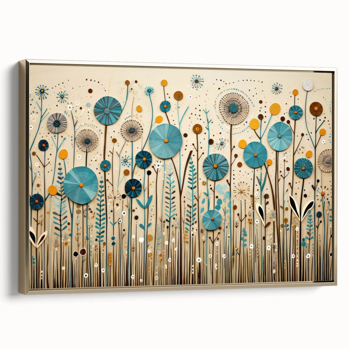 Framed canvas wall art showcasing a vibrant wildflower design with a gold frame, perfect for adding a touch of elegance to any home decor. The artwork captures colorful floral patterns, enhancing interior aesthetics while providing a nature-inspired focal point.