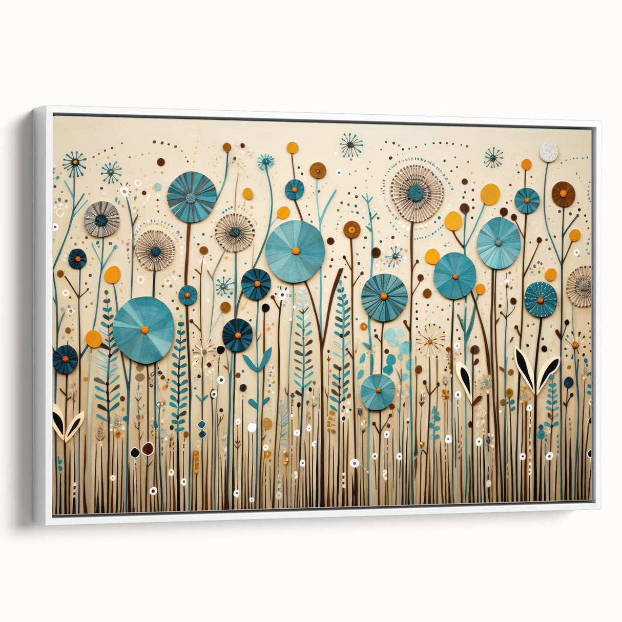 Framed canvas wall art featuring a vibrant wildflower design in a white frame, showcasing colorful blooms against a neutral backdrop, ideal for home decor.