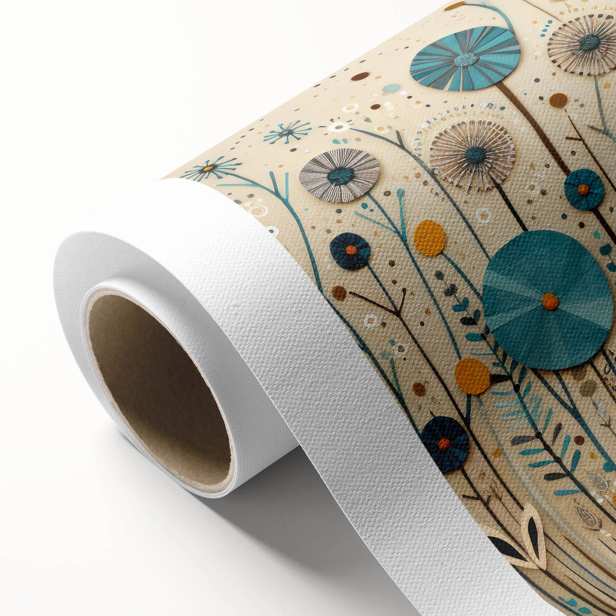 Colorful rolled canvas showcasing a vibrant wildflower wall art design, featuring intricate details and textures, ideal for enhancing home decor with a nature-inspired theme.