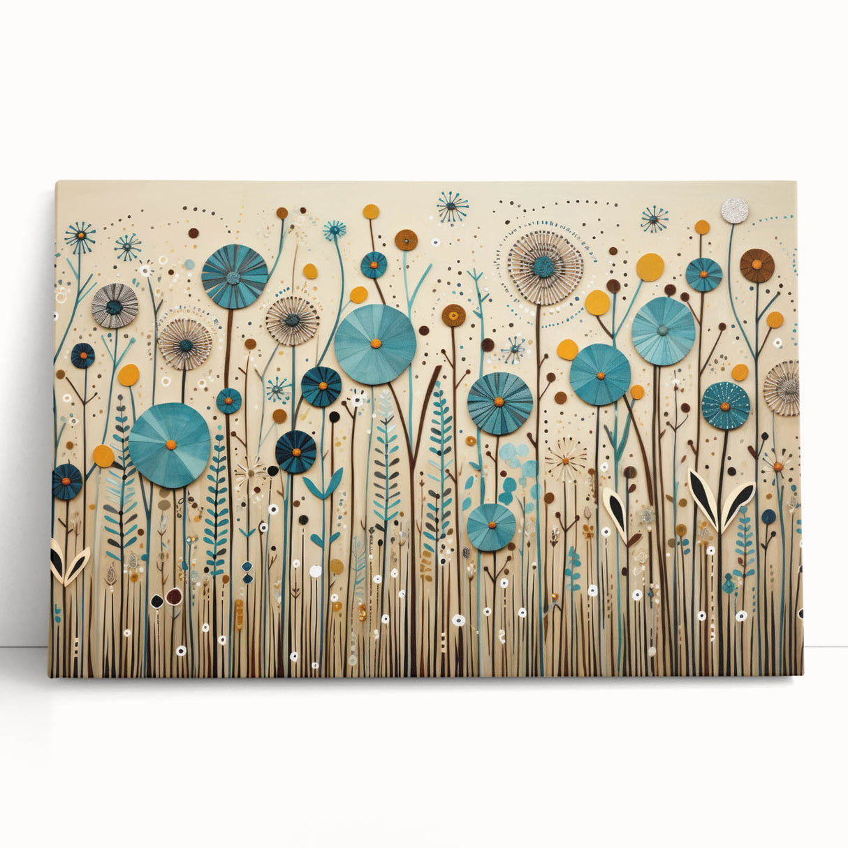 Vibrant stretched canvas wall art featuring a wildflower design, showcasing an array of colorful blooms against a neutral background, perfect for home decor.